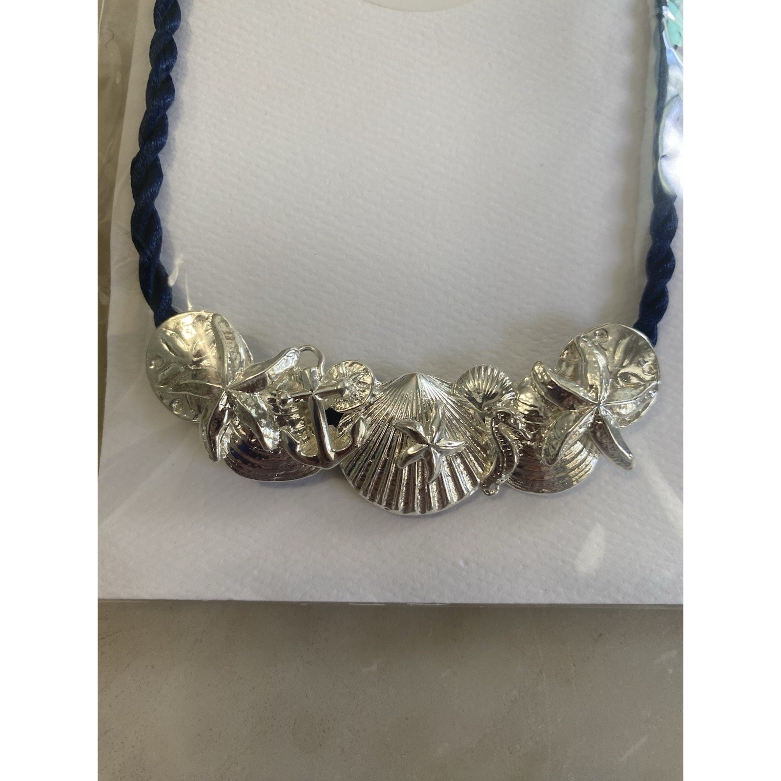 New $244 Betsy Frost Seashell Silver Plated Necklace On 18” Navy Braided Rope